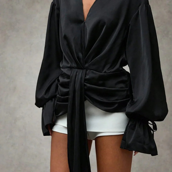 Black Elegant Women's Asymmetric Cross Wrap Puff Sleeve Shirt - Picture 4 of 6